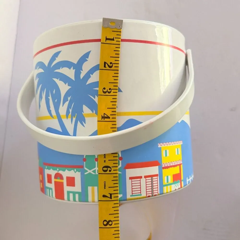 VTG 80s 90s Ice Bucket, Summer Tropical Vacation Palm Trees Houses